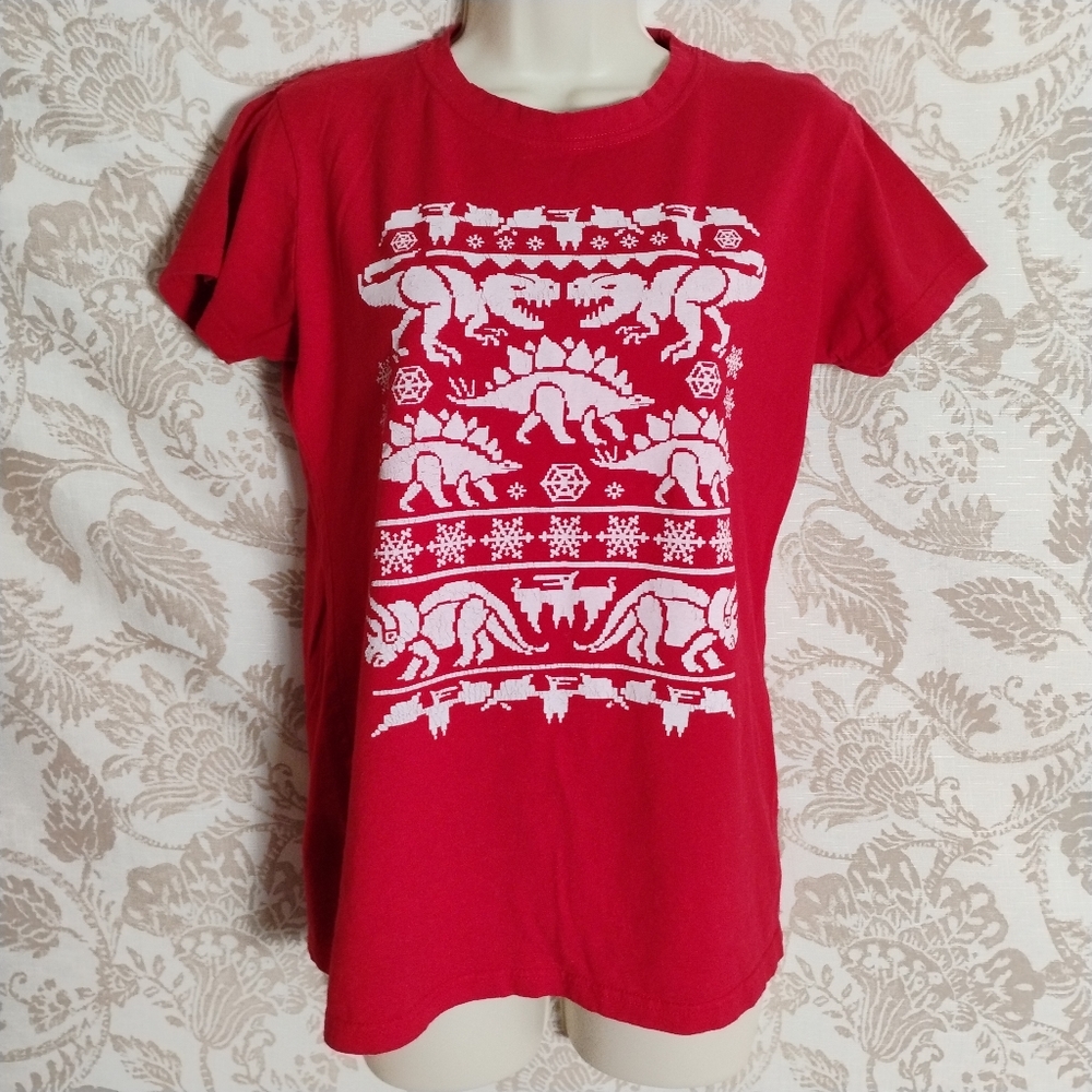 Ugly Christmas Sweater Dinosaur Tee | Red Pixel Dino Graphic Shirt | Unisex L